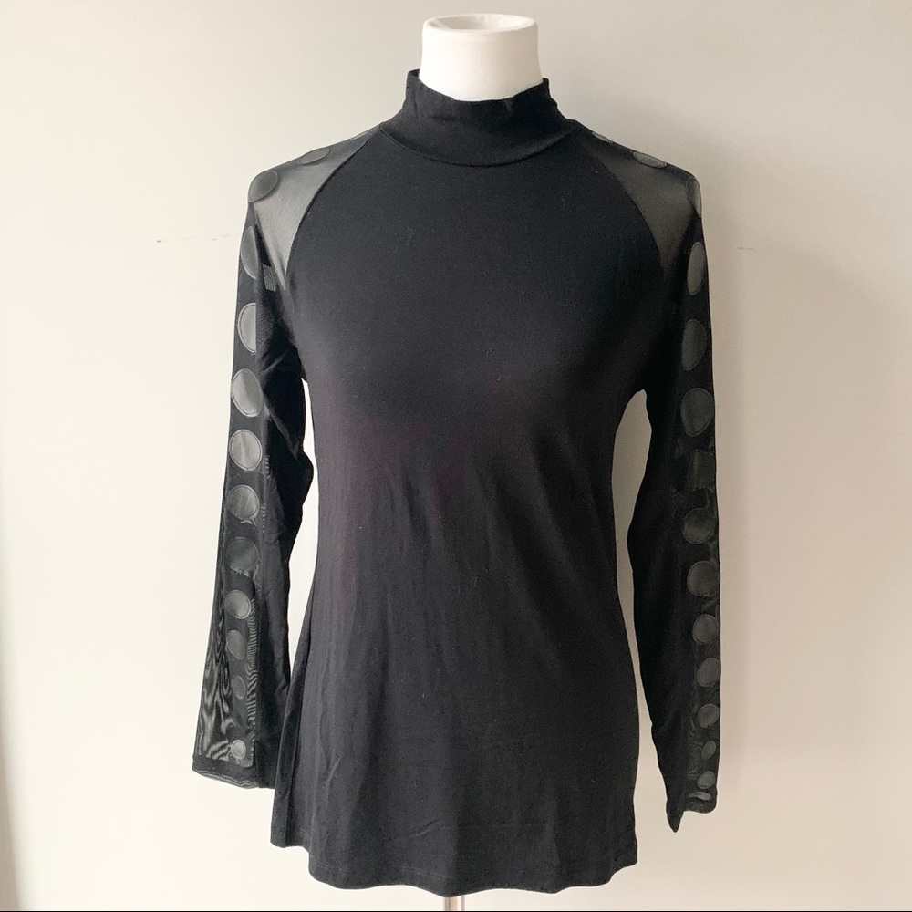 Tribal Black Mock Turtleneck See-Through Shirt with Long Embellished Sleeves NWT